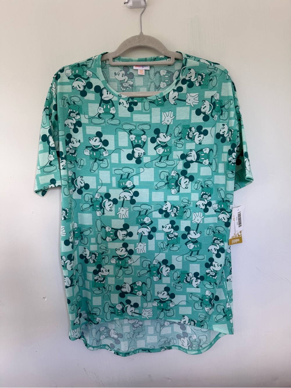 LuLaRoe Irma Tunic XXS Mickey Mouse Cartoon Short Sleeve/Crew Neck/Green